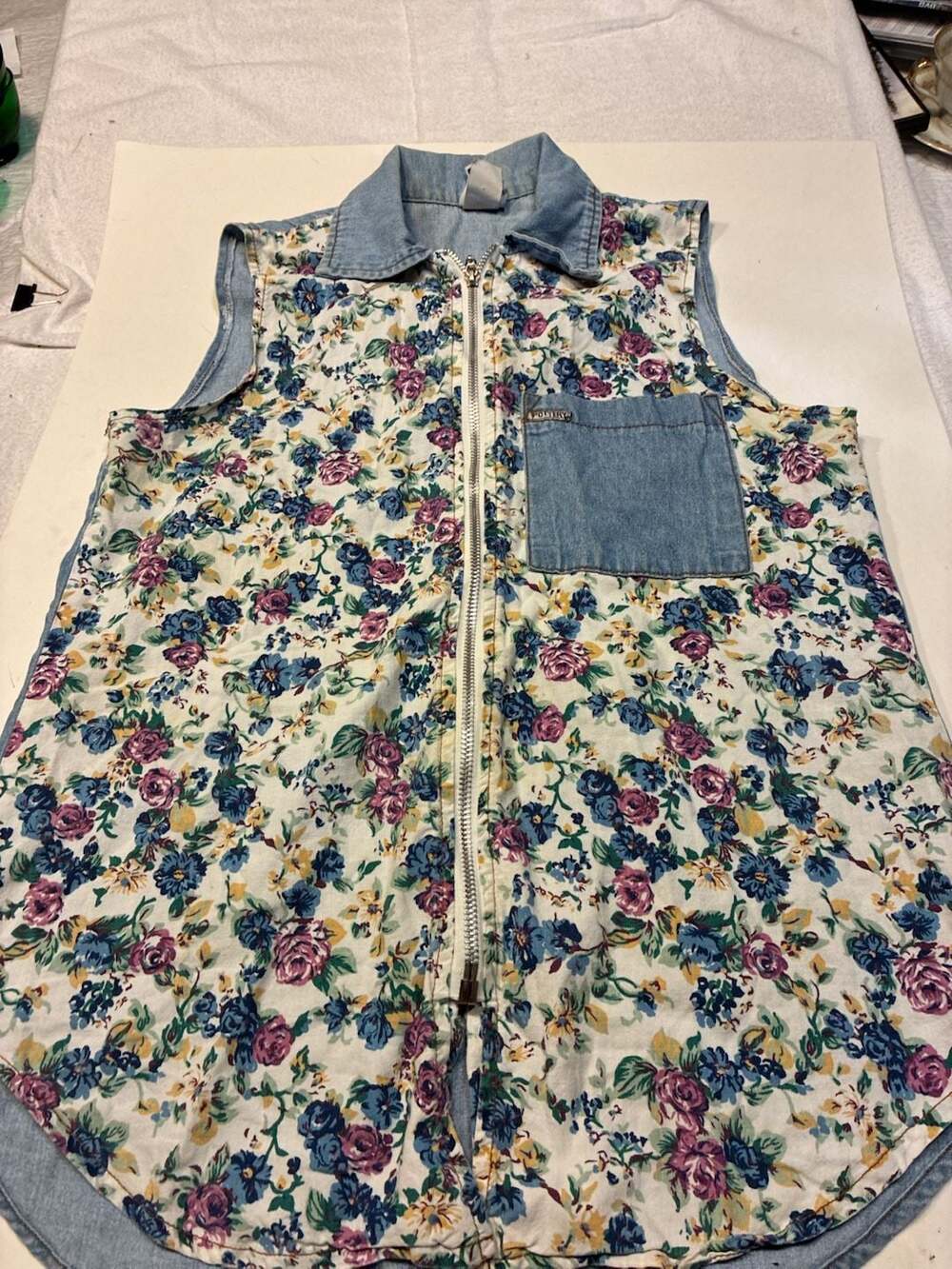 Vintage Pottery Brand Floral and Denim Zip-Up Sleeveless Vest